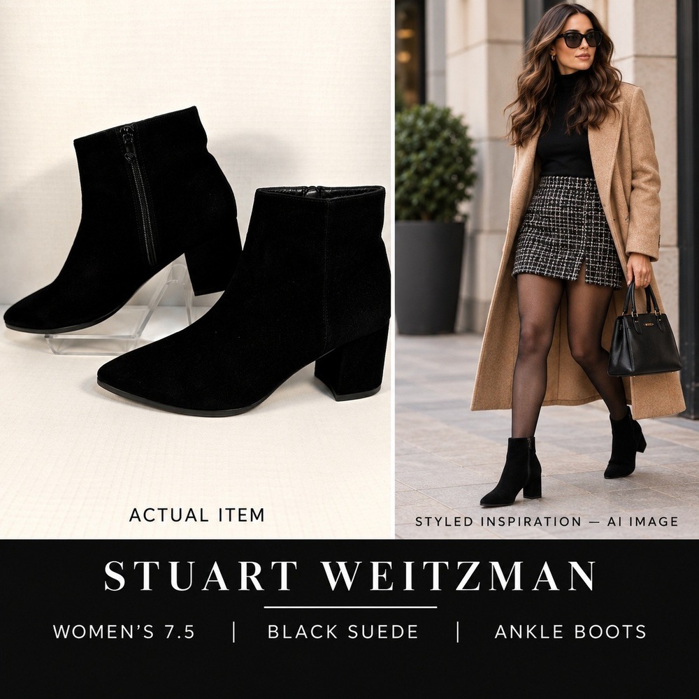 Stuart Weitzman Lofty Black Suede Block Heel Ankle Boots Booties Zip 7.5M Spain